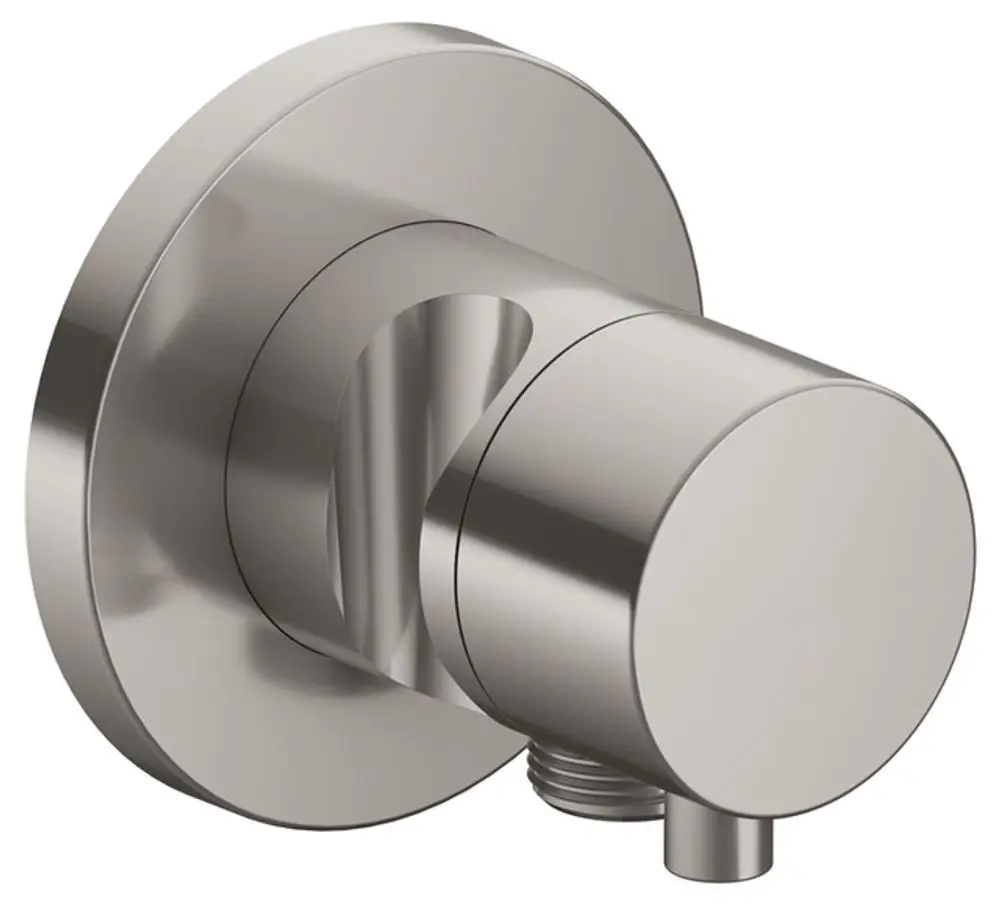 Keuco Absperrventil in Nickel, runde Form mit Schlauchanschluss, an Wand montiert. Kompakte Bauweise für Wasserzufuhr und -absperrung in Badezimmer.